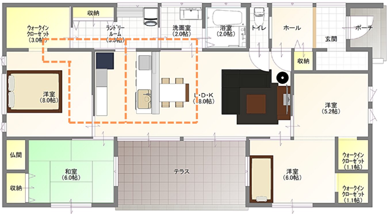 回遊動線を取り入れた会津の平屋住宅の間取り