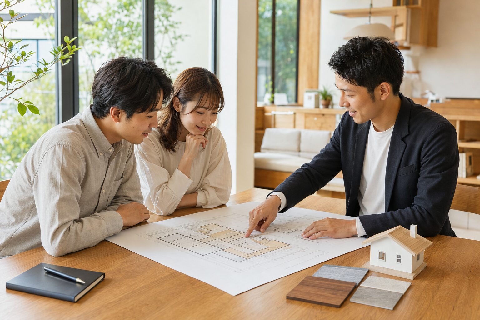 会津の新築住宅について工務店スタッフと打合せをする新婚夫婦